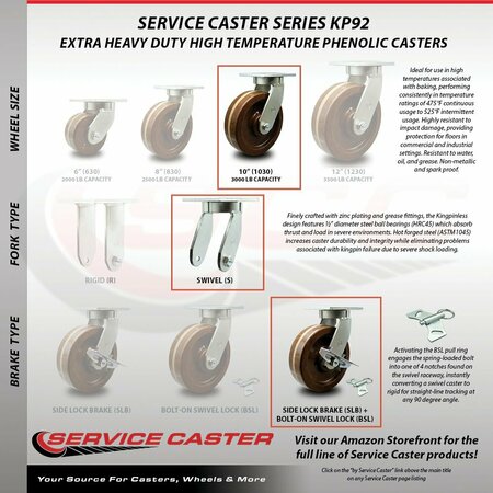 Service Caster 10'' Heavy Duty High Temp Phenolic Caster Set 4 Brakes 2 Swivel Locks, 4PK CRAN-KP92S1030-PHRHT-SLB-BSL2-SLB2